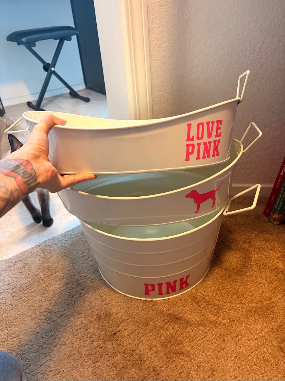 PINK Victoria's Secret White Metal Storage Bins with Pink Logos - Nesting Set